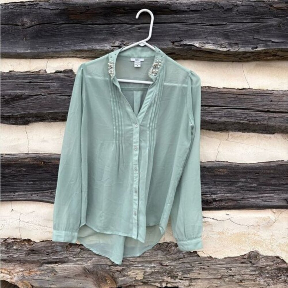 Bar III Sheer Seafoam Green Button-Down with Rhinestone Embellishments